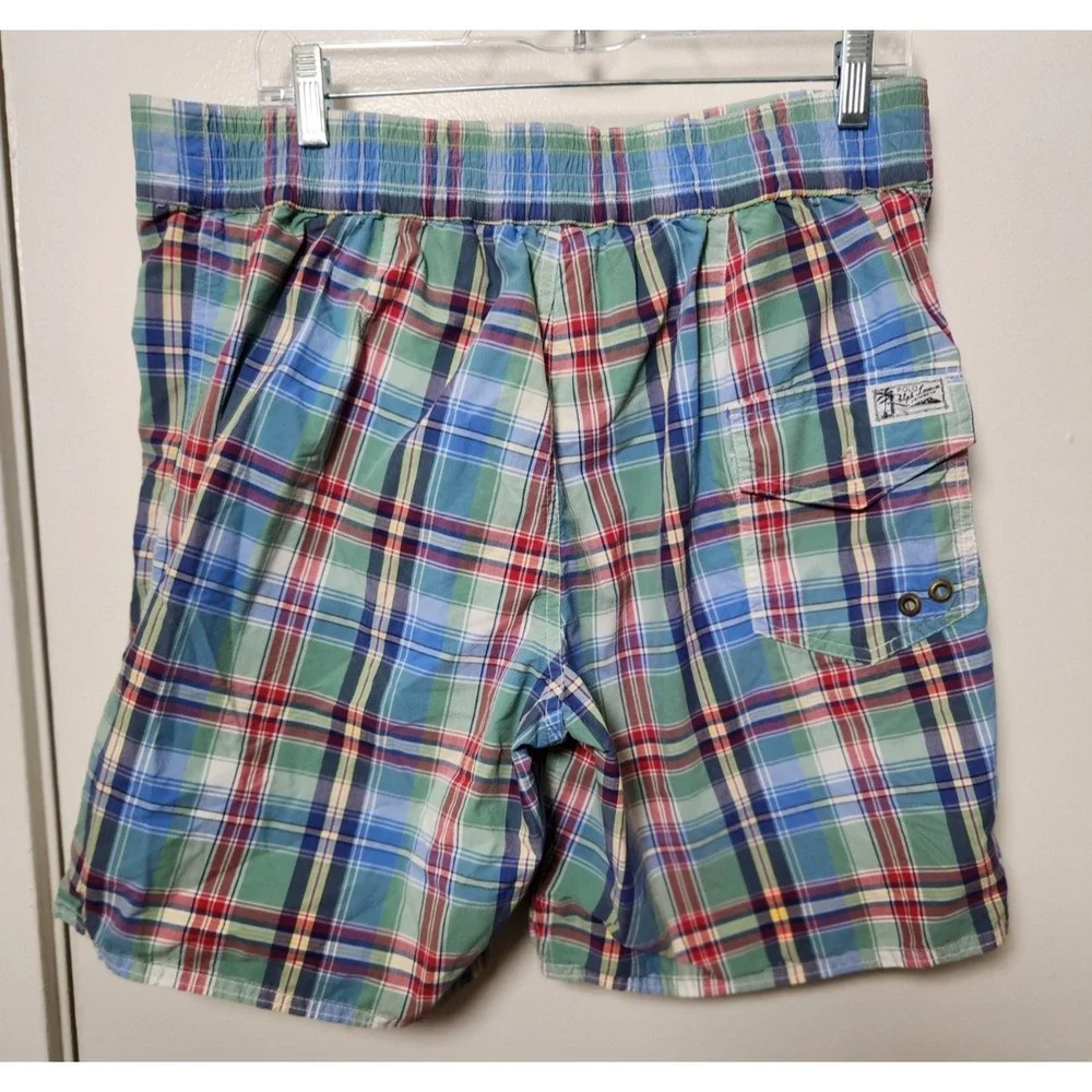 Polo Ralph‎ Lauren Blue Green Plaid Swim Trunks Shorts Mesh Yellow Pony Lrg Vtg